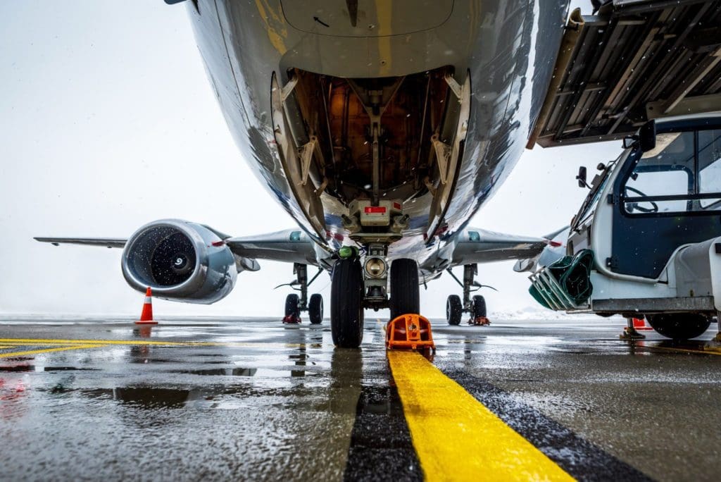 Underside view of aircraft and landing gear